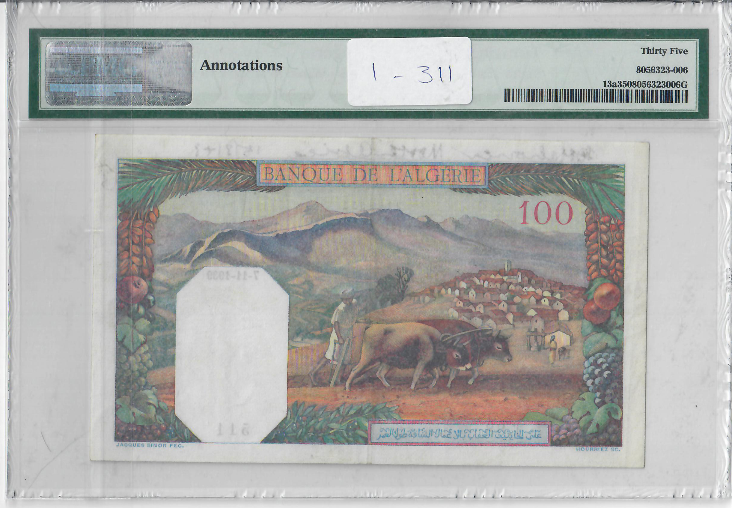 100 Francs, Tunisia 1939-42 - Image 2